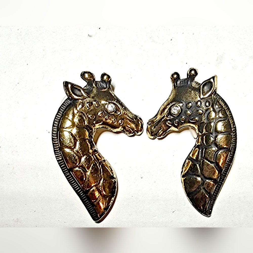 Vintage Bold Gold 1980s Giraffe clear stone eyes clip on earrings #giraffelover